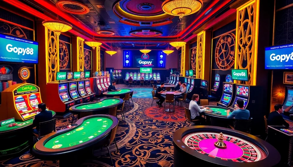 Exciting casino environment with Gopay88 branding, vibrant slot machines, and poker tables.