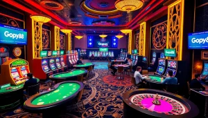 Exciting casino environment with Gopay88 branding, vibrant slot machines, and poker tables.