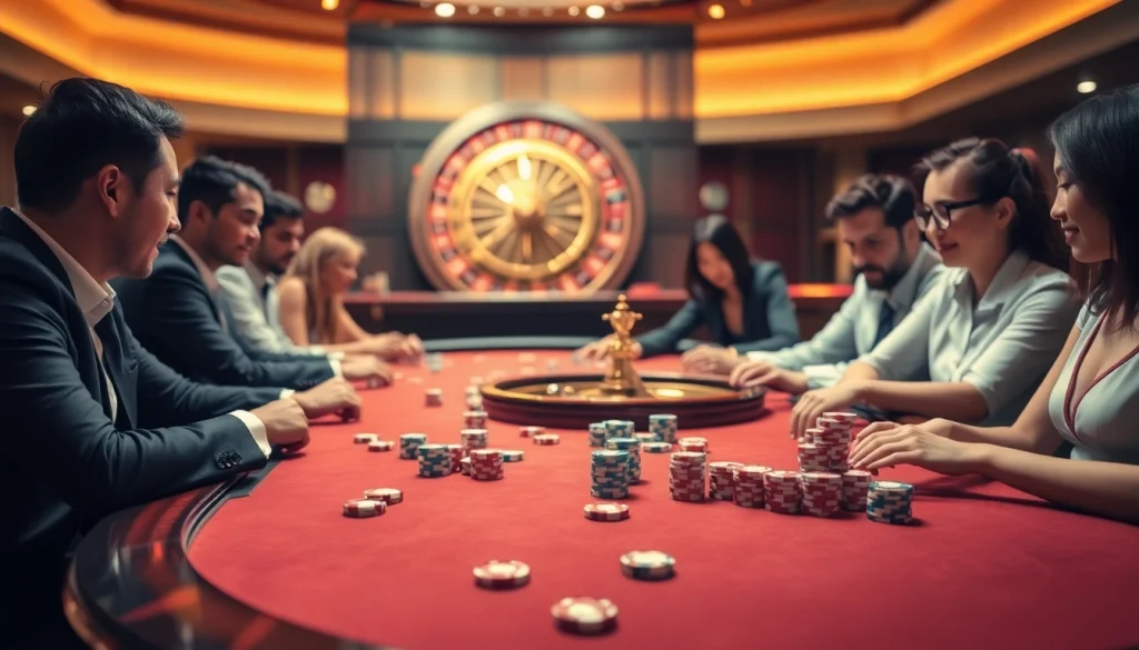 An exciting casino scene showcasing players engaging with 8qbet's poker and roulette tables, emphasizing luxury and thrill.
