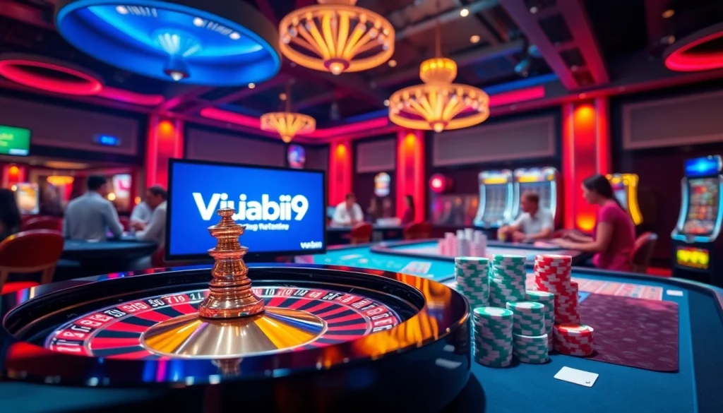 Vuabai9 offers an exciting online casino atmosphere with poker chips and roulette wheel action.