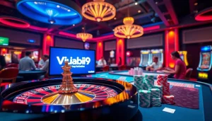 Vuabai9 offers an exciting online casino atmosphere with poker chips and roulette wheel action.