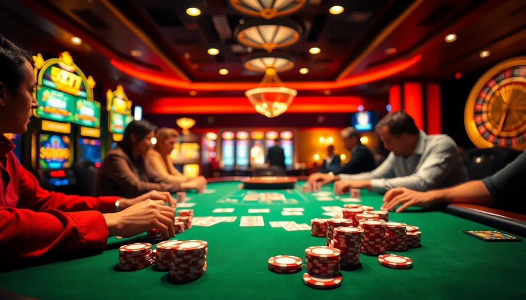 Players strategizing at a poker table, embodying the thrill of 5Z777 gambling experiences.