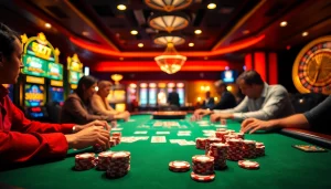 Players strategizing at a poker table, embodying the thrill of 5Z777 gambling experiences.