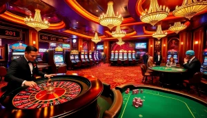 Gamblers enjoying games at https://xo88hi.com/ casino with roulette, poker, and vibrant slot machines.