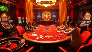 Encounter an exciting poker game at 39BET, featuring vibrant casino elements and players in action.