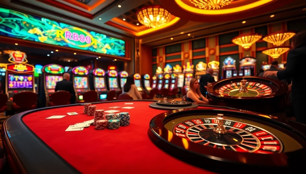 Players enjoying thrilling games at the RR88 casino with vibrant slot machines and poker tables.