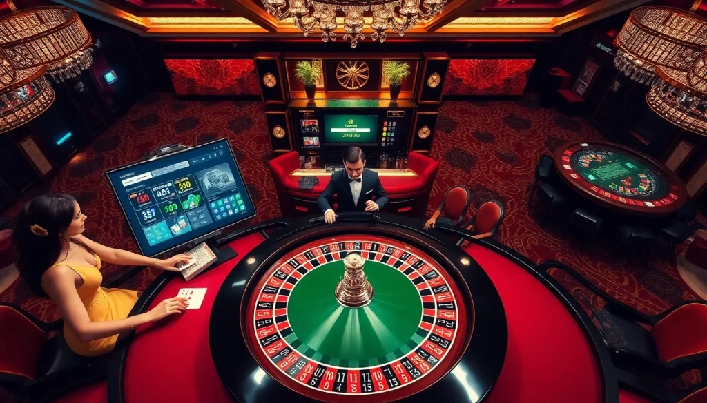 Experience the thrill of betting at https://mm88.sh/ in a luxurious casino with vibrant poker chips and roulette wheel.