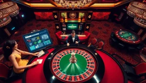 Experience the thrill of betting at https://mm88.sh/ in a luxurious casino with vibrant poker chips and roulette wheel.