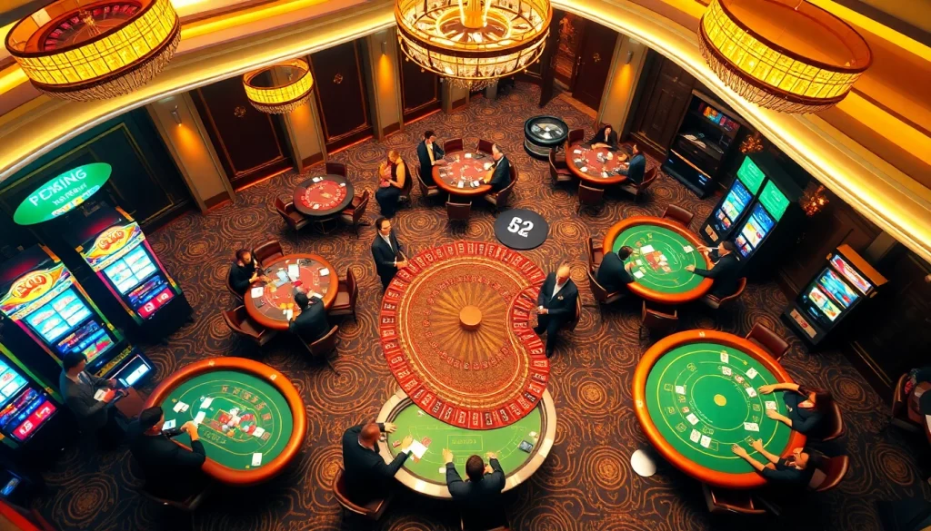 Experience the thrill of nhà cái s666 at a vibrant casino with excited players and gaming tables.