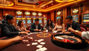 Players engaged in thrilling gambling at xo88's luxurious casino tables, highlighting excitement and bets.