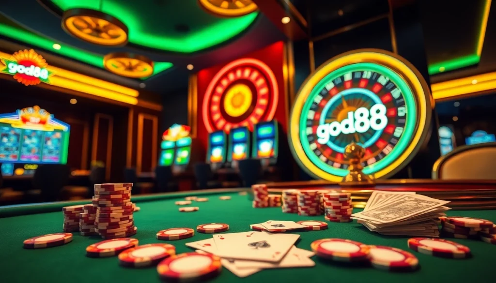 Experience high-stakes gaming at good88's elegant casino, featuring poker, roulette, and slot machines.