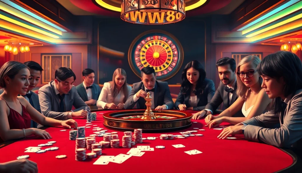 Players enjoying a thrilling game at the WW88 casino table with vibrant poker chips and cards.
