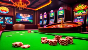 Experience thrilling gambling action at https://bong88.casa/ with a luxurious casino setting featuring poker and roulette.