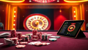 Exciting gambling action at Ok365 casino table with colorful chips and roulette wheel.