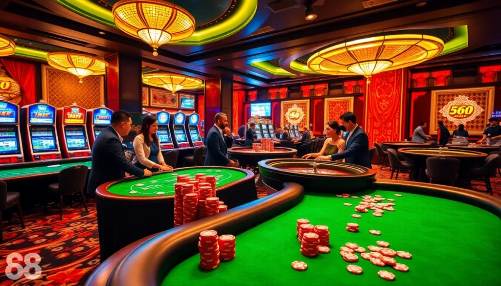 Exciting players enjoying 68 Game Bài at a luxurious casino with vibrant gaming tables.