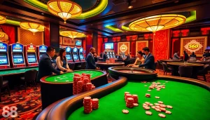Exciting players enjoying 68 Game Bài at a luxurious casino with vibrant gaming tables.
