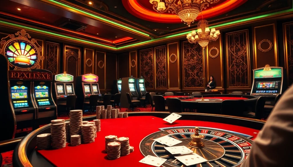 Gamblers enjoying high-stakes excitement at X88 casino tables with vibrant slot machines.