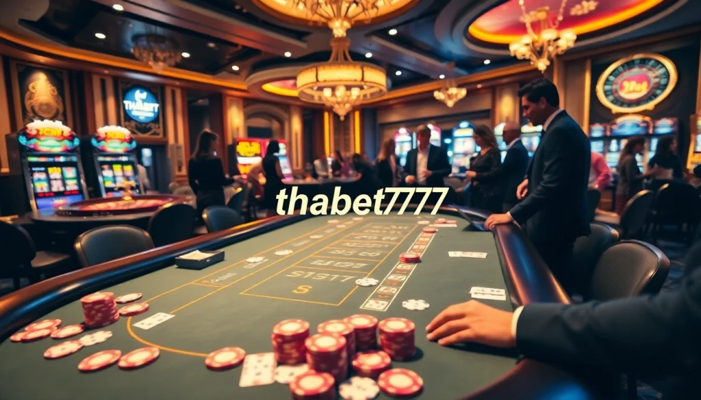A high-stakes poker game at thabet777's luxury casino, featuring vibrant chips and suspenseful excitement.