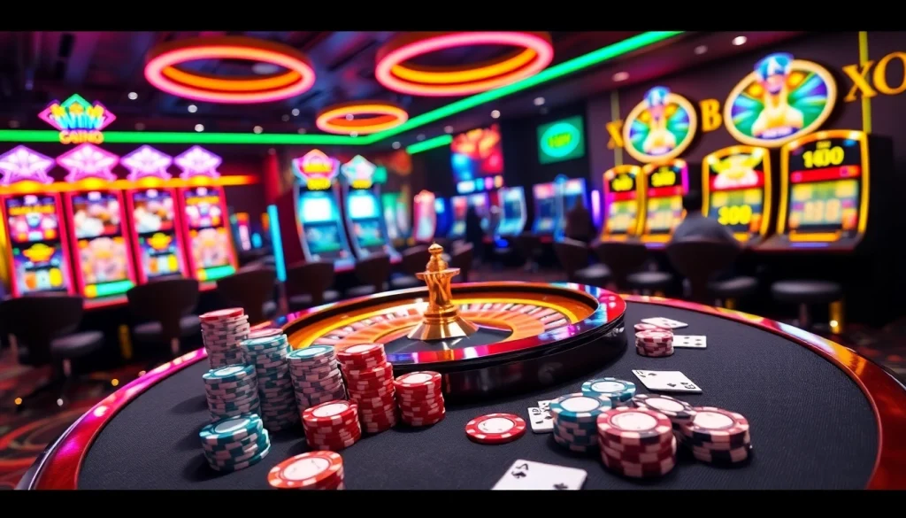 Players engage in thrilling games at 68WIN's luxury casino, featuring vibrant tables and slots.