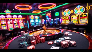 Players engage in thrilling games at 68WIN's luxury casino, featuring vibrant tables and slots.