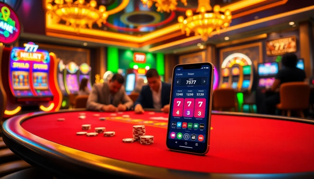 Experience thrilling gameplay with the 7c77 app on a high-stakes poker table amidst vibrant casino lights.