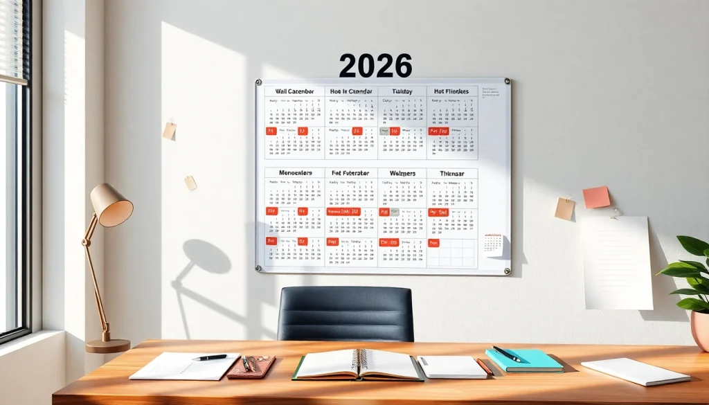 Stylish 2026 calendar displayed in a modern office with vibrant colors.