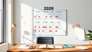 Stylish 2026 calendar displayed in a modern office with vibrant colors.