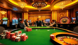 Kubet88 players engaging in an exciting high-stakes poker game at a luxurious casino table.