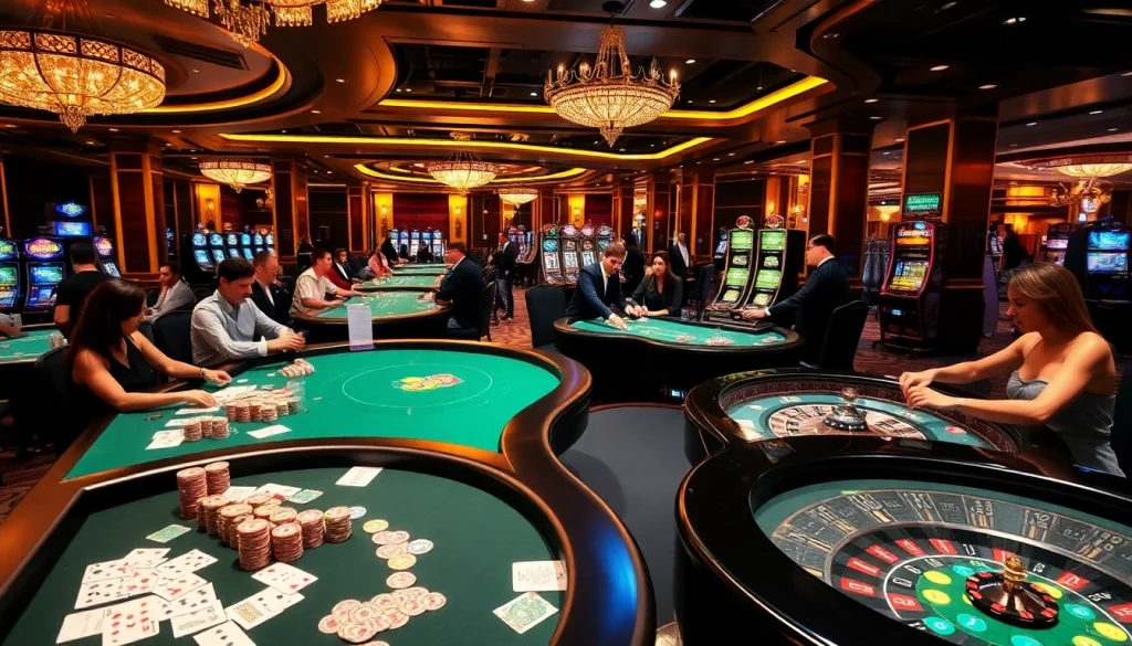 Players enjoying the luxurious gaming experience at 33BD casino with poker and roulette tables.