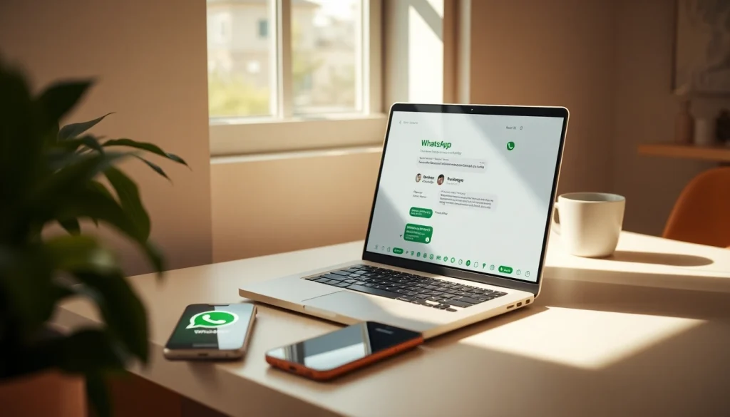 展示在笔记本电脑上与手机集成的 WhatsApp网页版 的沉浸式工作空间。
