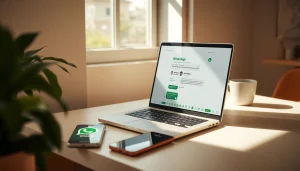 展示在笔记本电脑上与手机集成的 WhatsApp网页版 的沉浸式工作空间。