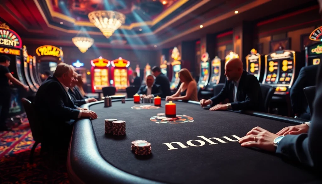 Nohu casino experience with players at a poker table and vibrant slot machines in the background.