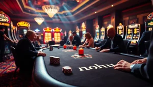 Nohu casino experience with players at a poker table and vibrant slot machines in the background.