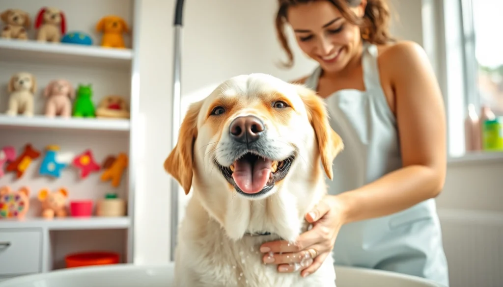 Hondenverzorgers.nl toont een blije Labrador die wordt gewassen in een stijlvolle trimsalon.