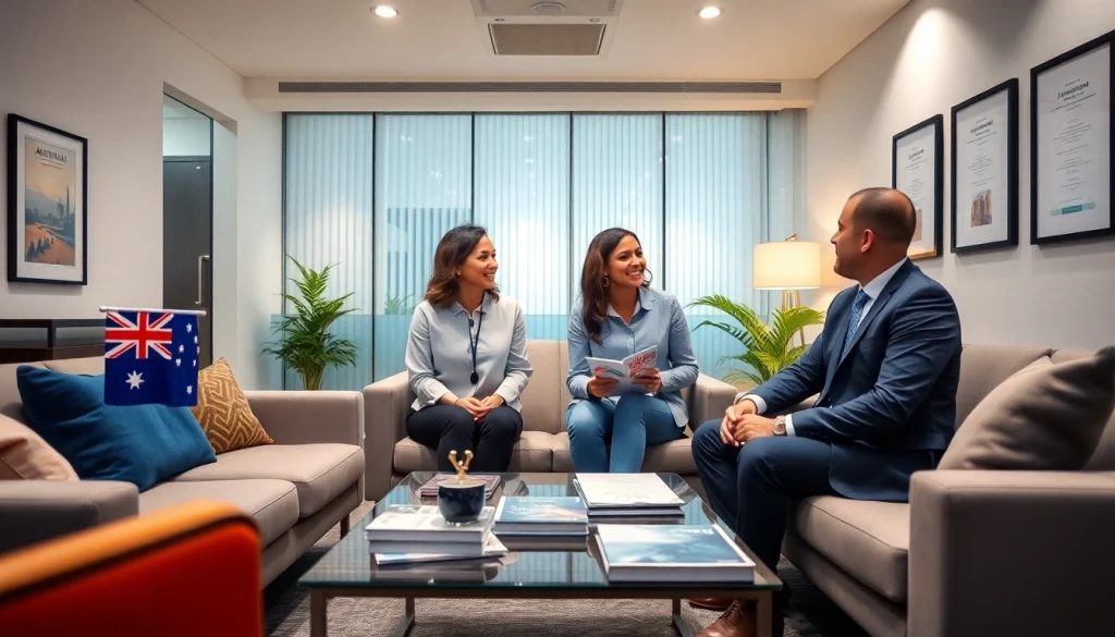 immigration lawyer brisbane consulting a diverse couple in a welcoming law office