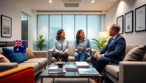 immigration lawyer brisbane consulting a diverse couple in a welcoming law office