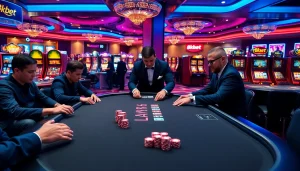 Engage in thrilling gameplay at 8kbet's luxurious casino with vibrant poker tables and high stakes.