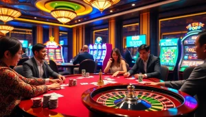 Experience thrilling gambling at 888new Khuyến mãi with players enjoying poker and vibrant casino atmospheres.