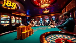 Experience thrilling wins at j88 casino with vibrant gaming tables and excited players.
