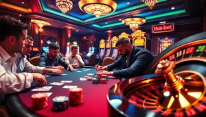 Gamblers engaging in a high-stakes poker game at tha-bet.pro's luxury casino.