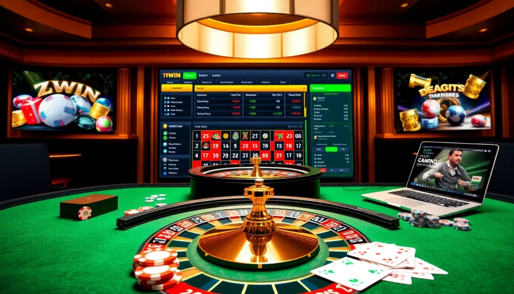 Players enjoying a thrilling game at 11win, featuring roulette and poker tables with vibrant chips.