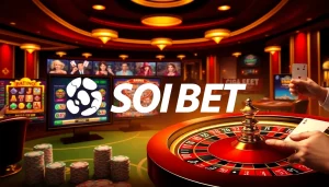 Experience gaming excitement at SOIBET with a thrilling casino scene showcasing slots and live dealer tables.