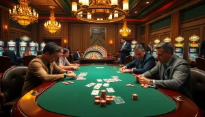 Engaging players at the 79king casino poker table with vibrant chips and golden ambiance.