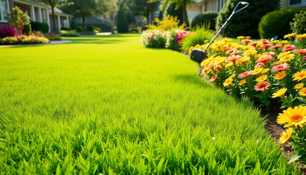 Lawn Maintenance Near Plano, TX featuring a vibrant, healthy lawn with care tools in a sunny neighborhood setting.