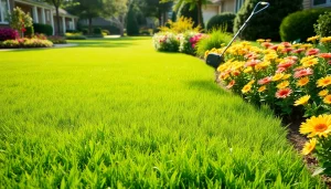 Lawn Maintenance Near Plano, TX featuring a vibrant, healthy lawn with care tools in a sunny neighborhood setting.