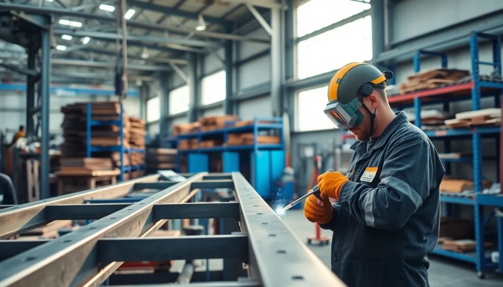 Structural steel fabrication in a professional workshop showcasing craftsmanship and precision.