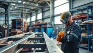 Structural steel fabrication in a professional workshop showcasing craftsmanship and precision.