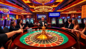 Excited players at a vibrant roulette table in the 222BD casino, showcasing high-stakes action.