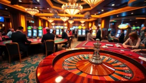 KJC group showcases an exciting casino atmosphere with roulette tables and players engaged in gambling.