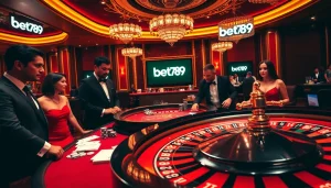 Experience the thrill of bet789 in a luxurious casino setting featuring vibrant gaming activities.